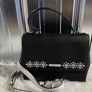 Michael Kors Black Crossbody Bag with White Strap and Embellishments